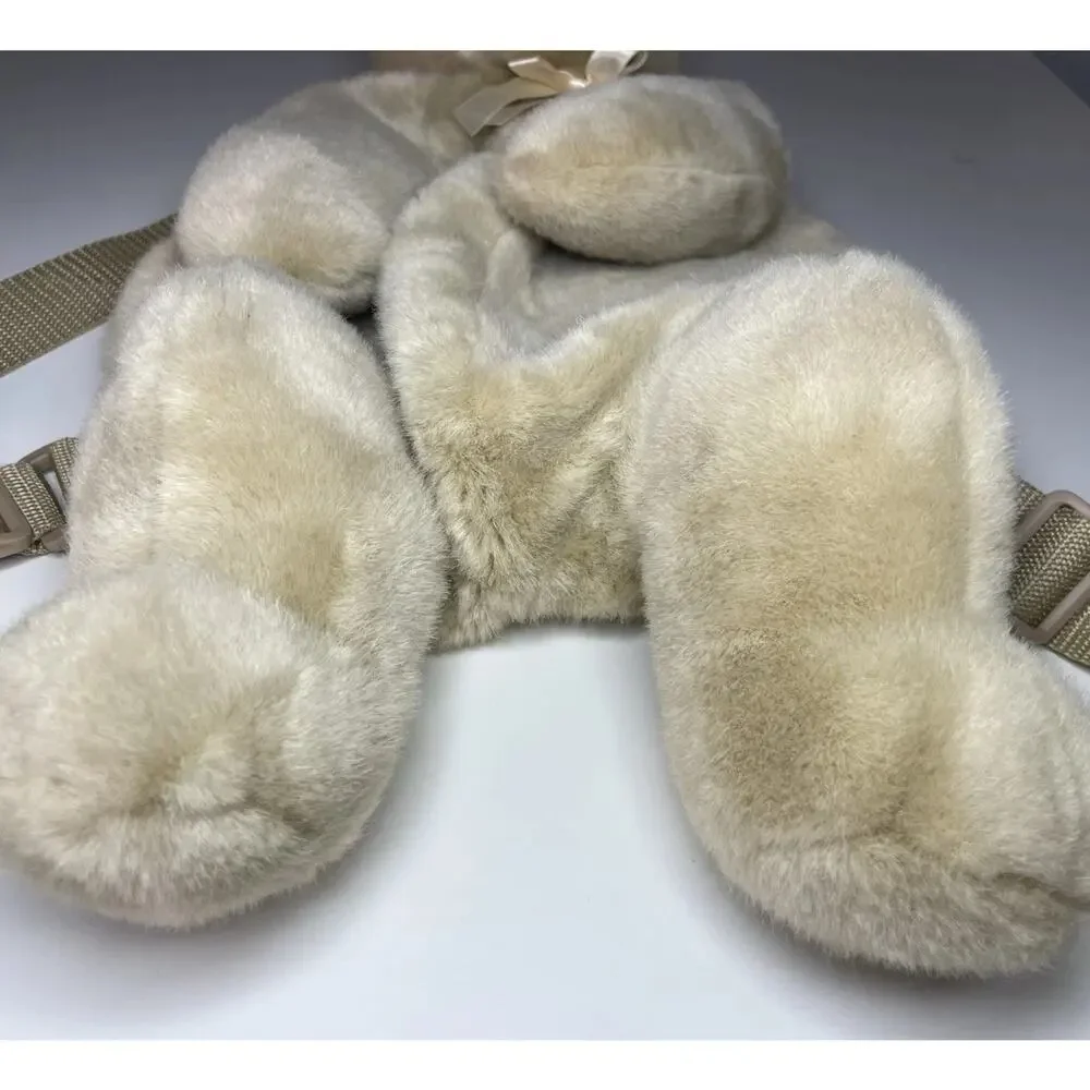 Vintage Mango Teddy Bear Backpack Plush 17” Brown Tan Beige Bow Stuffed Bag
